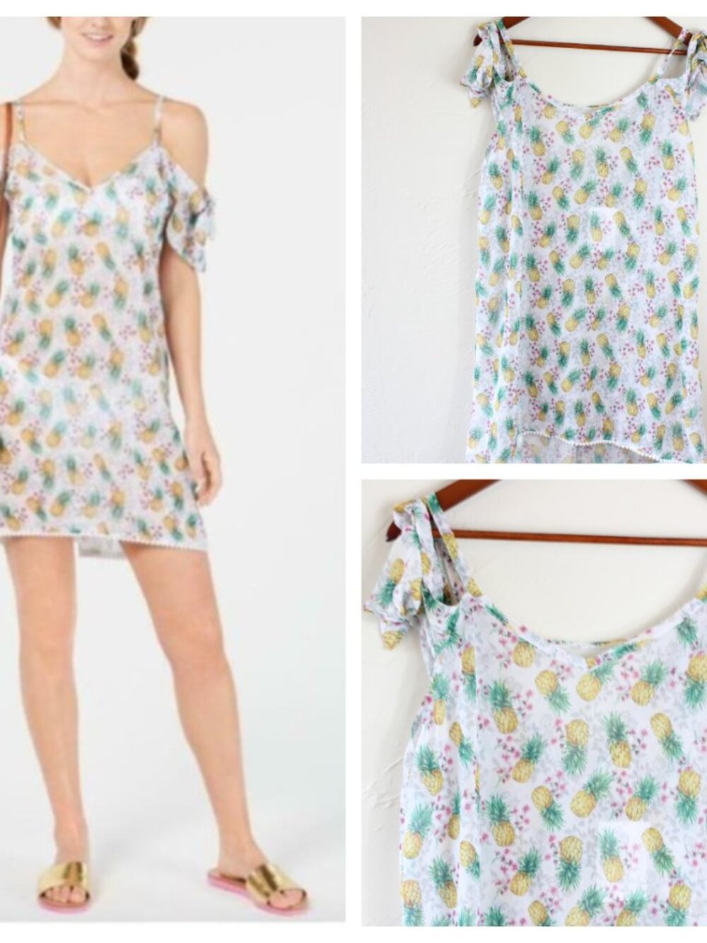 Miken Cold Shoulder Chiffon Swimsuit Cover Up Pineapple Print XLarge NEW